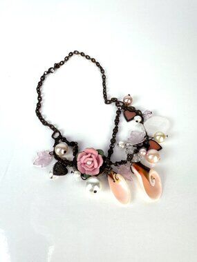 Statement Charm Victorian Necklace Pink Rose Hearts Beads Bronze Tone Boho